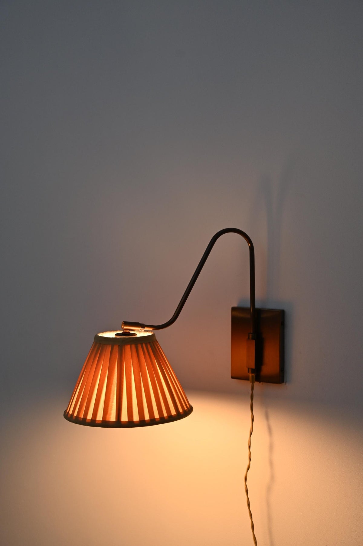 Classic Brass Wall Sconce with Curved Arm and Fabric Shade - Ember Lighting