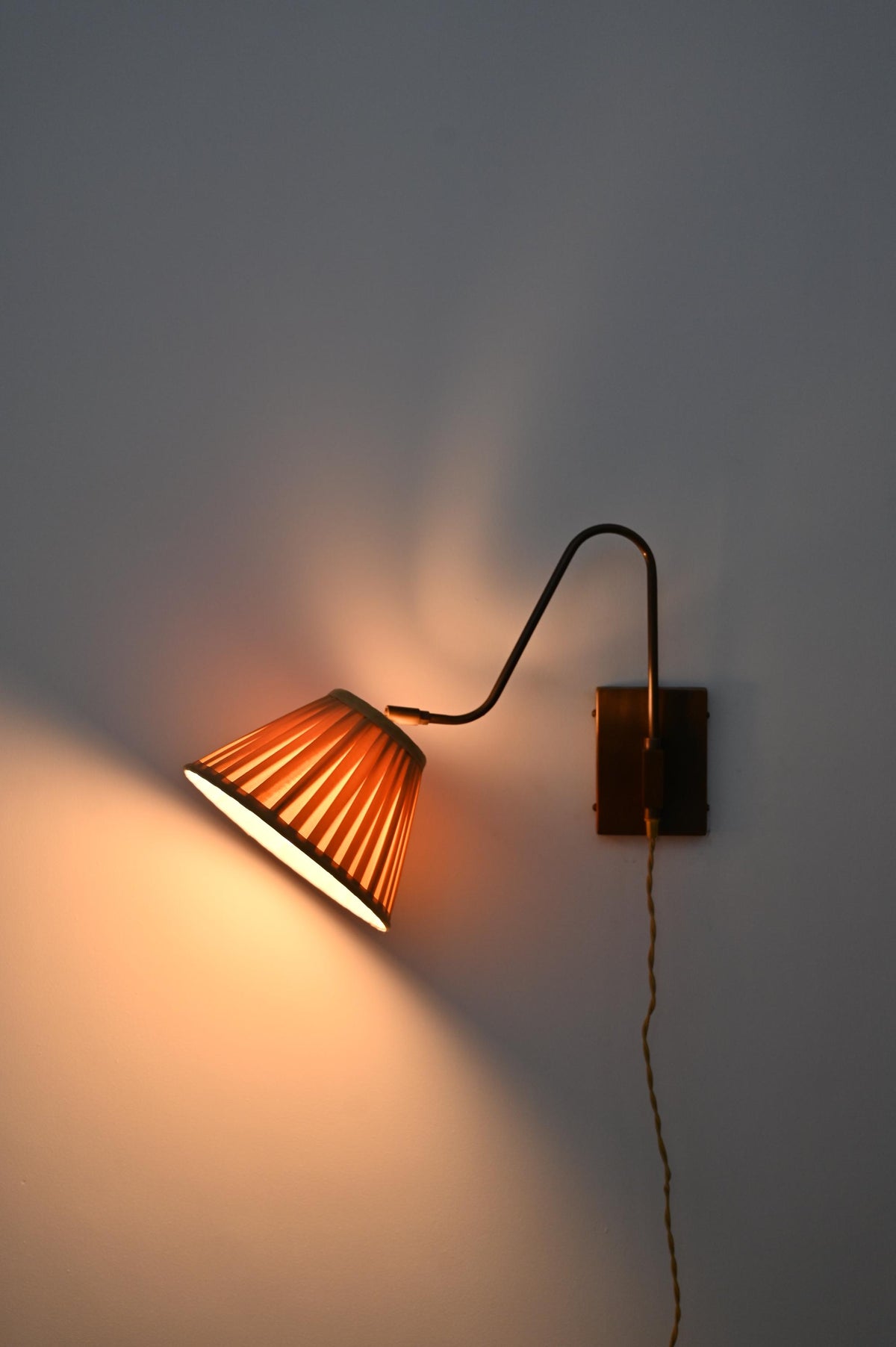 Classic Brass Wall Sconce with Curved Arm and Fabric Shade - Ember Lighting