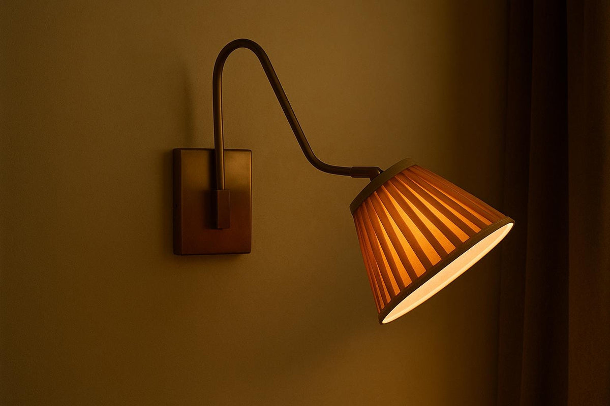 Classic Brass Wall Sconce with Curved Arm and Fabric Shade - Ember Lighting