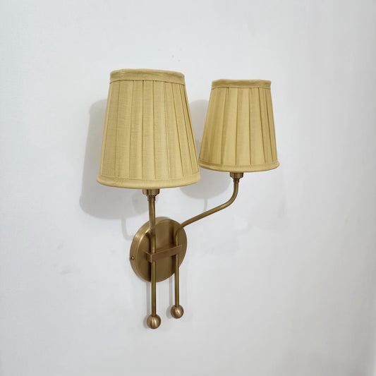 Vintage Double Arm Brass Wall Sconce with Pleated Shades - Ember Lighting