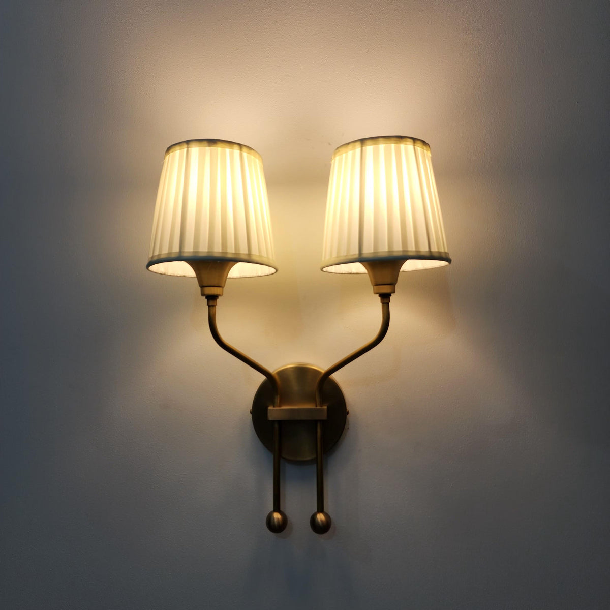 Vintage Double Arm Brass Wall Sconce with Pleated Shades - Ember Lighting - view 3