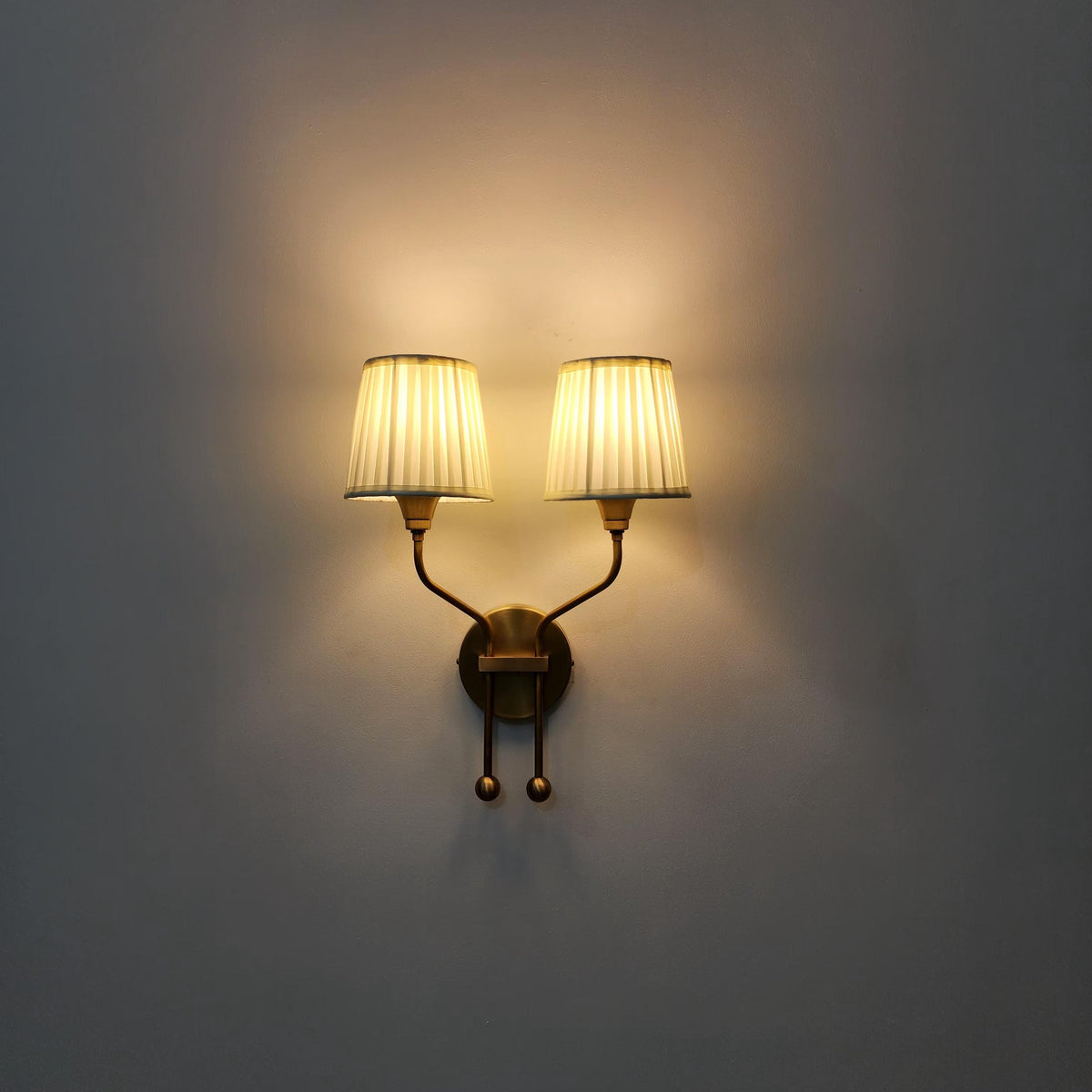 Vintage Double Arm Brass Wall Sconce with Pleated Shades - Ember Lighting - view 6