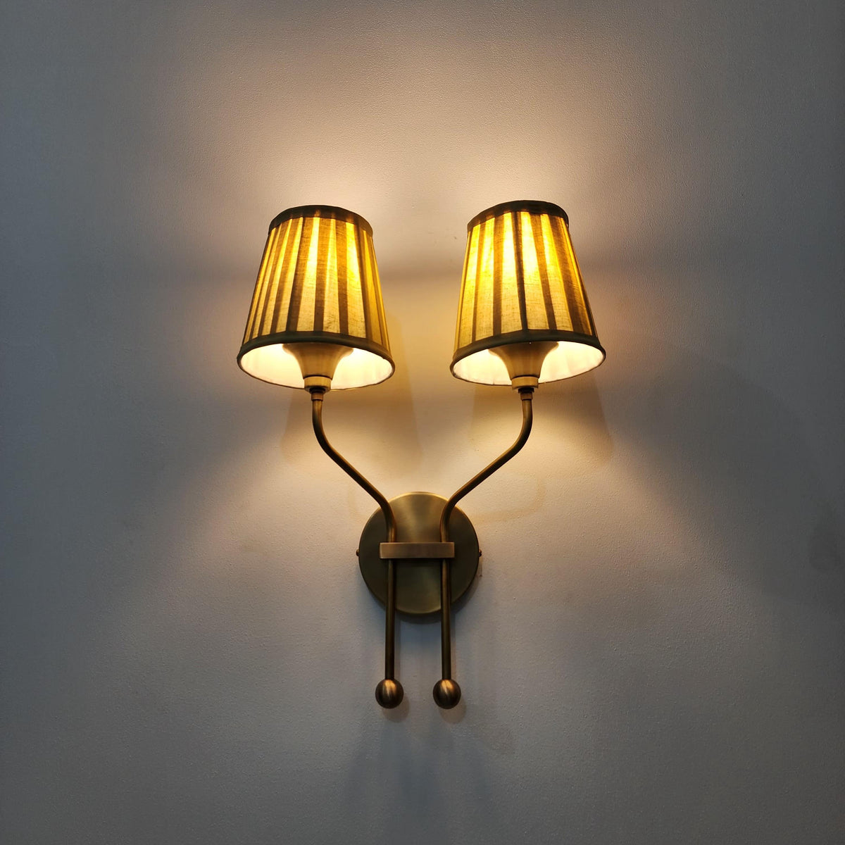 Vintage Double Arm Brass Wall Sconce with Pleated Shades - Ember Lighting - view 7