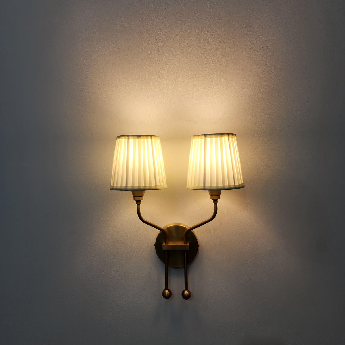 Vintage Double Arm Brass Wall Sconce with Pleated Shades - Ember Lighting - view 8