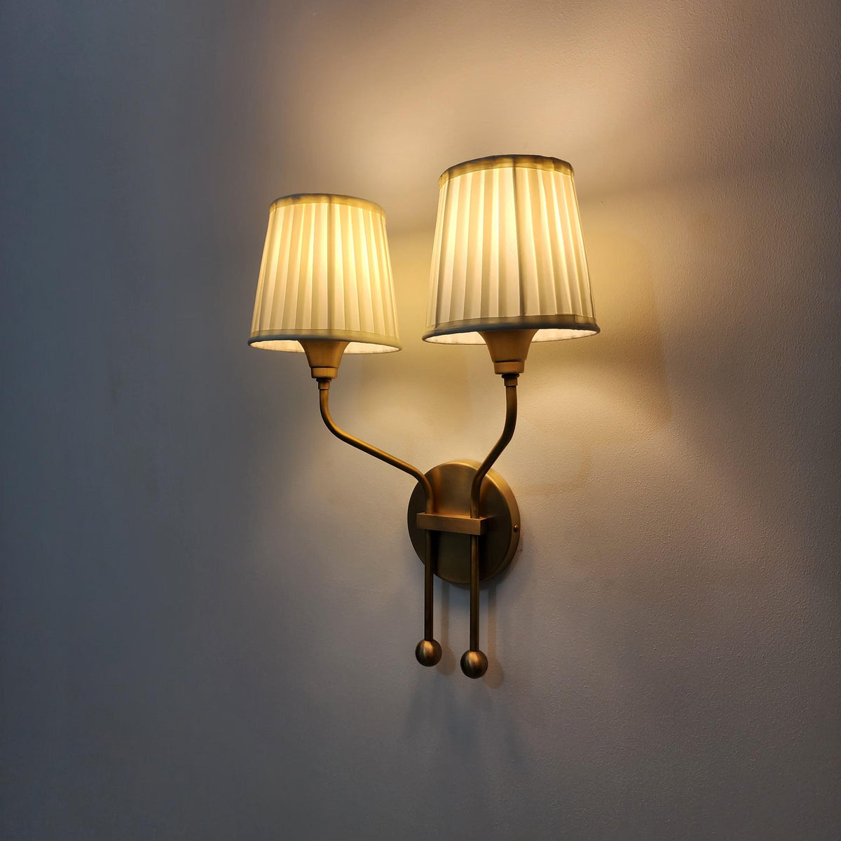 Vintage Double Arm Brass Wall Sconce with Pleated Shades - Ember Lighting - view 9