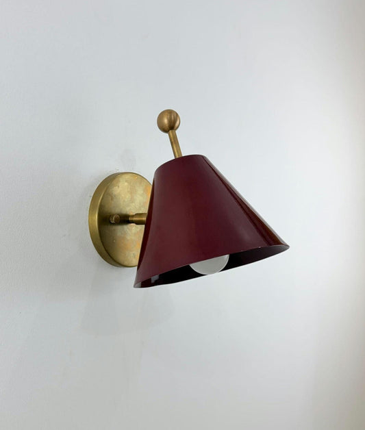 Handcrafted Brass Wall Sconce With Wine Colored Cone Shade - Ember Lighting