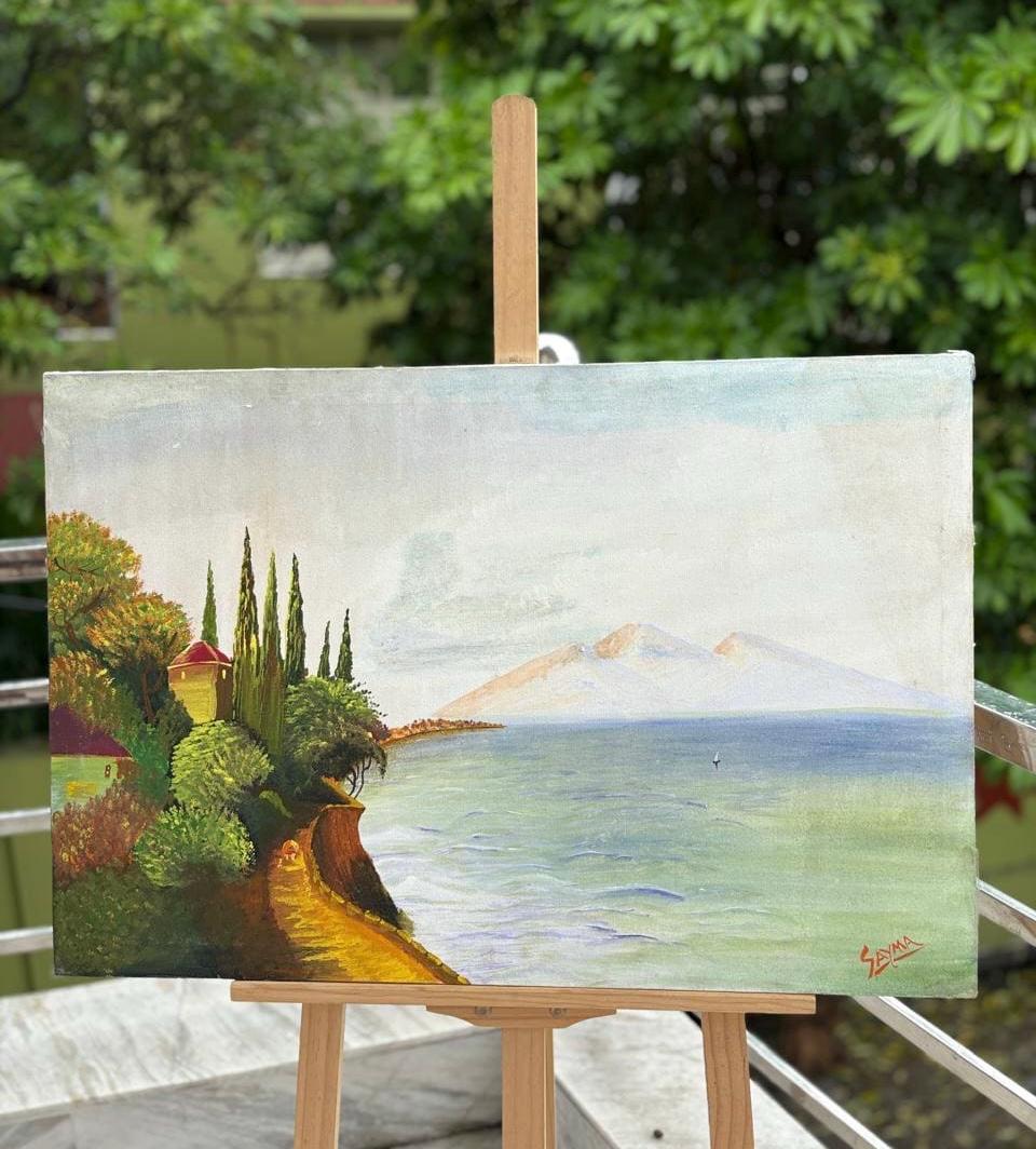 Handmade Seaside Landscape Painting – Coastal Path and Ocean View Wall Art