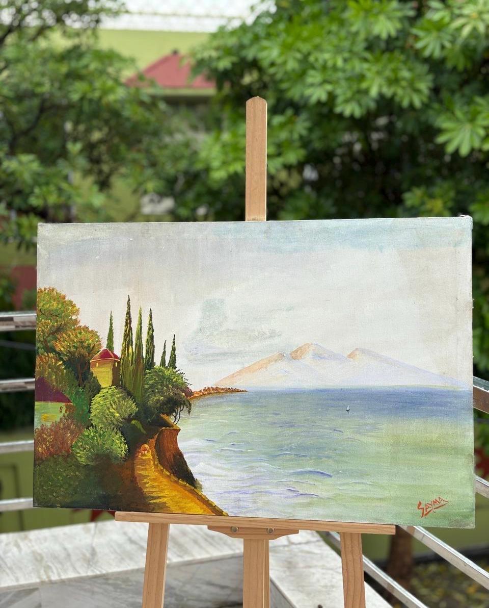 Handmade Seaside Landscape Painting – Coastal Path and Ocean View Wall Art