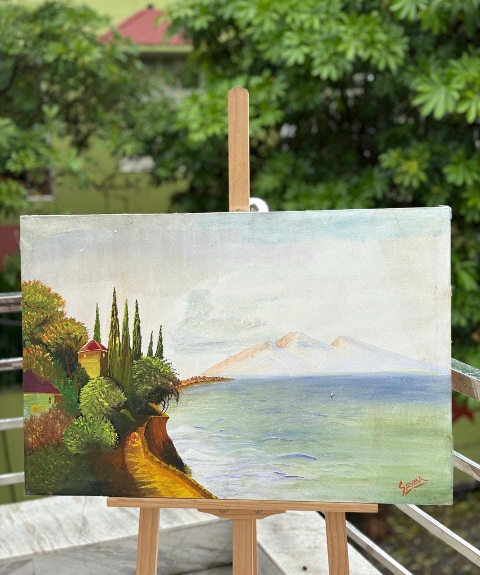 Handmade Seaside Landscape Painting – Coastal Path and Ocean View Wall Art