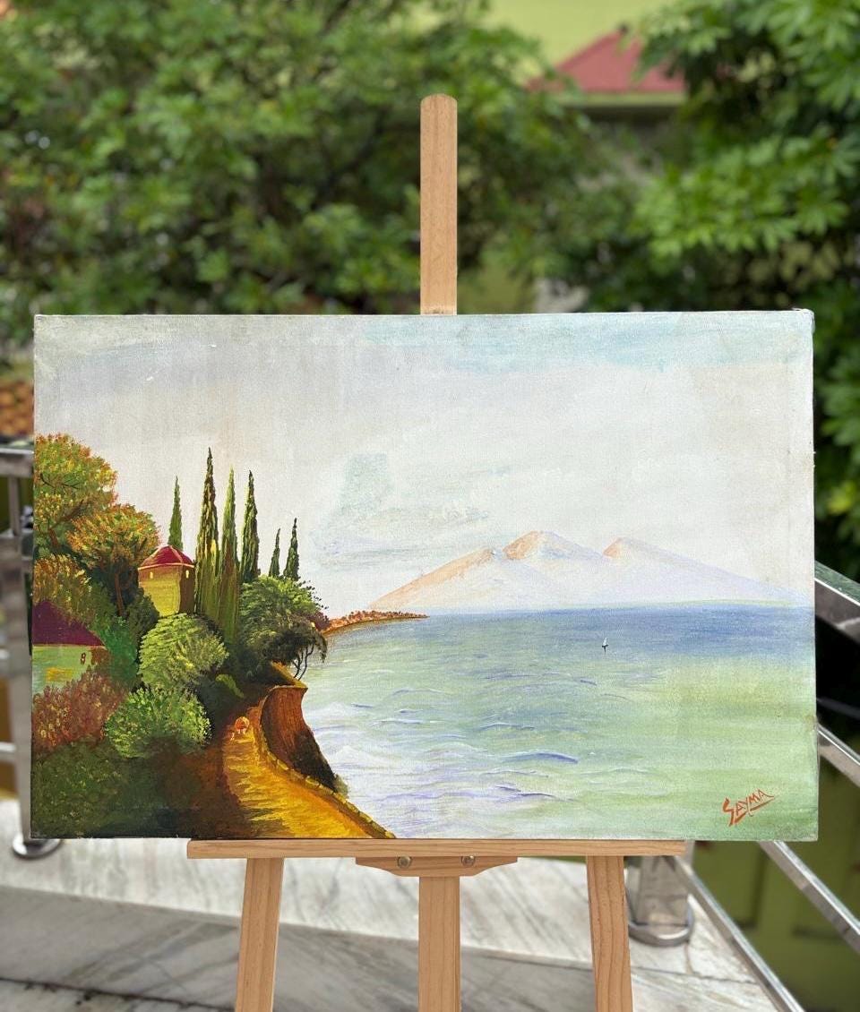Handmade Seaside Landscape Painting – Coastal Path and Ocean View Wall Art