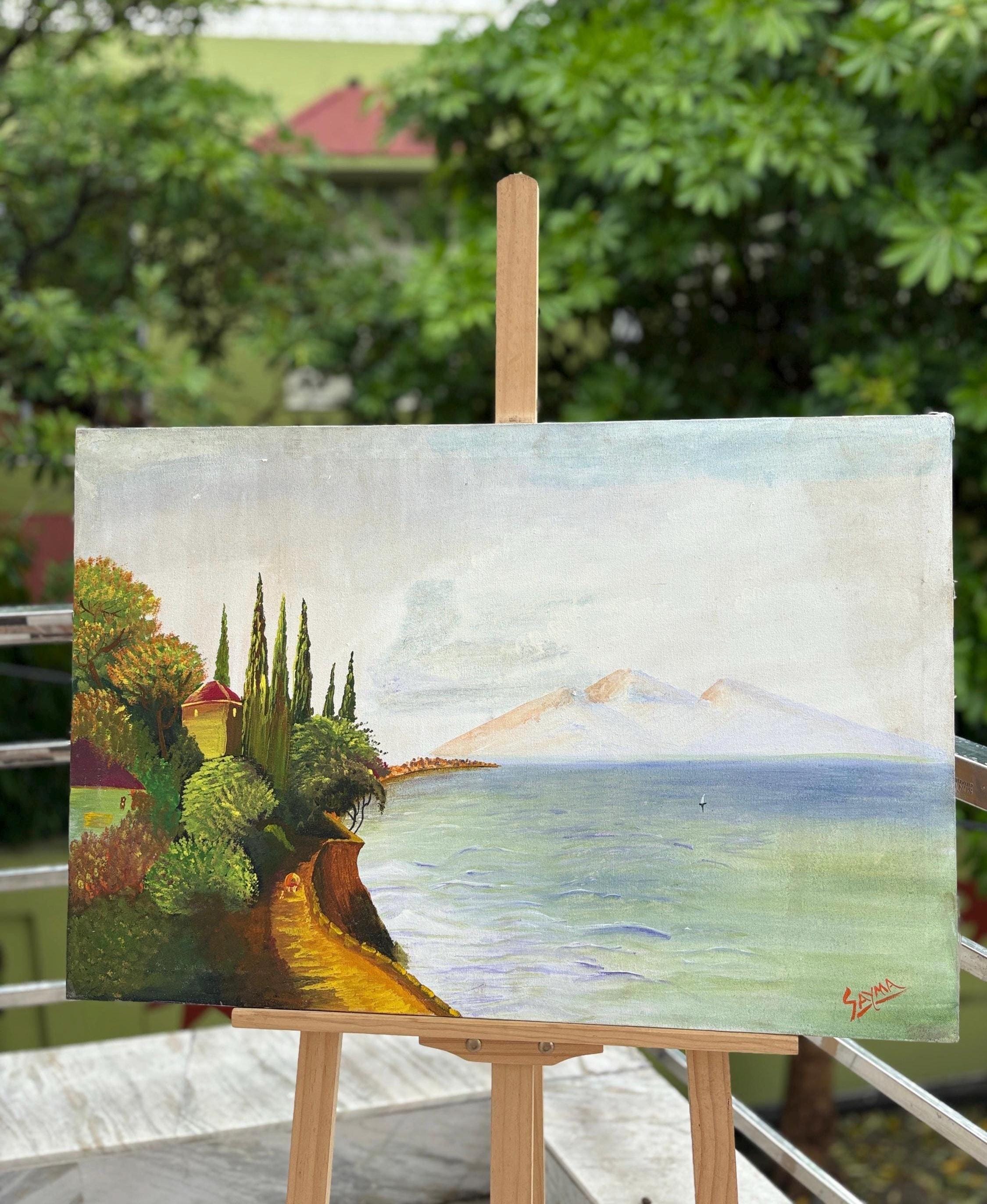 Handmade Seaside Landscape Painting – Coastal Path and Ocean View Wall Art
