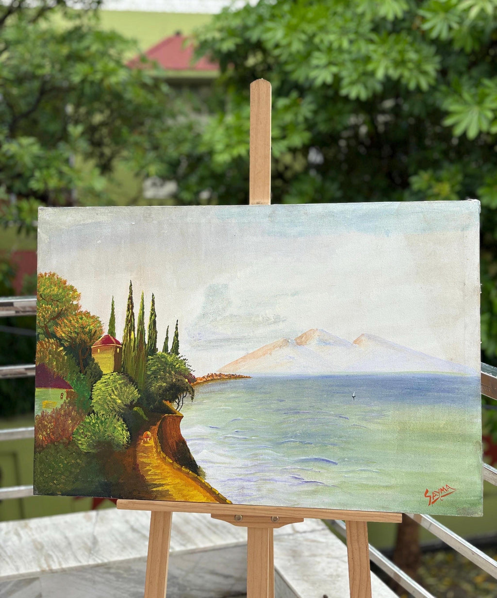 Handmade Seaside Landscape Painting – Coastal Path and Ocean View Wall Art