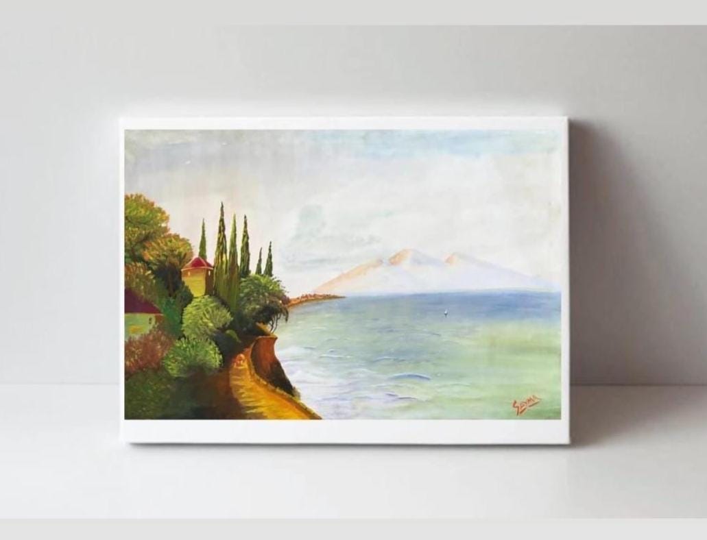 Handmade Seaside Landscape Painting – Coastal Path and Ocean View Wall Art