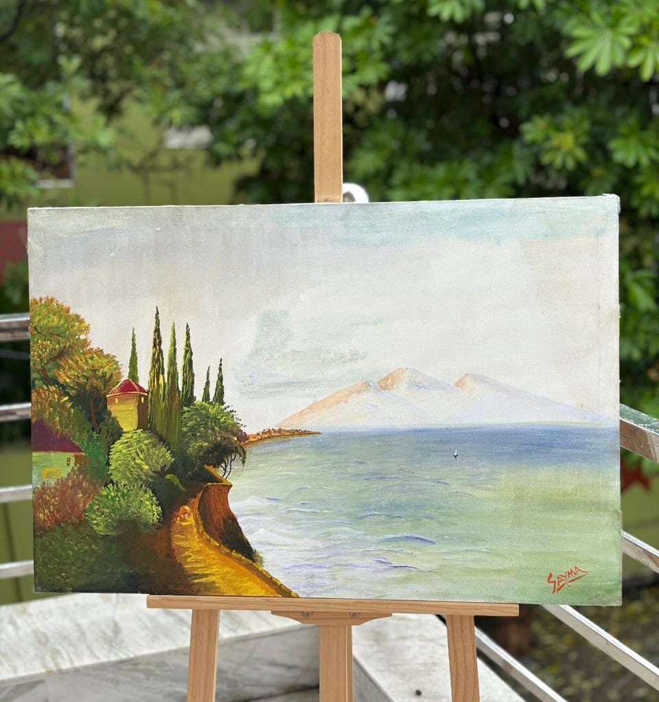 Handmade Seaside Landscape Painting – Coastal Path and Ocean View Wall Art