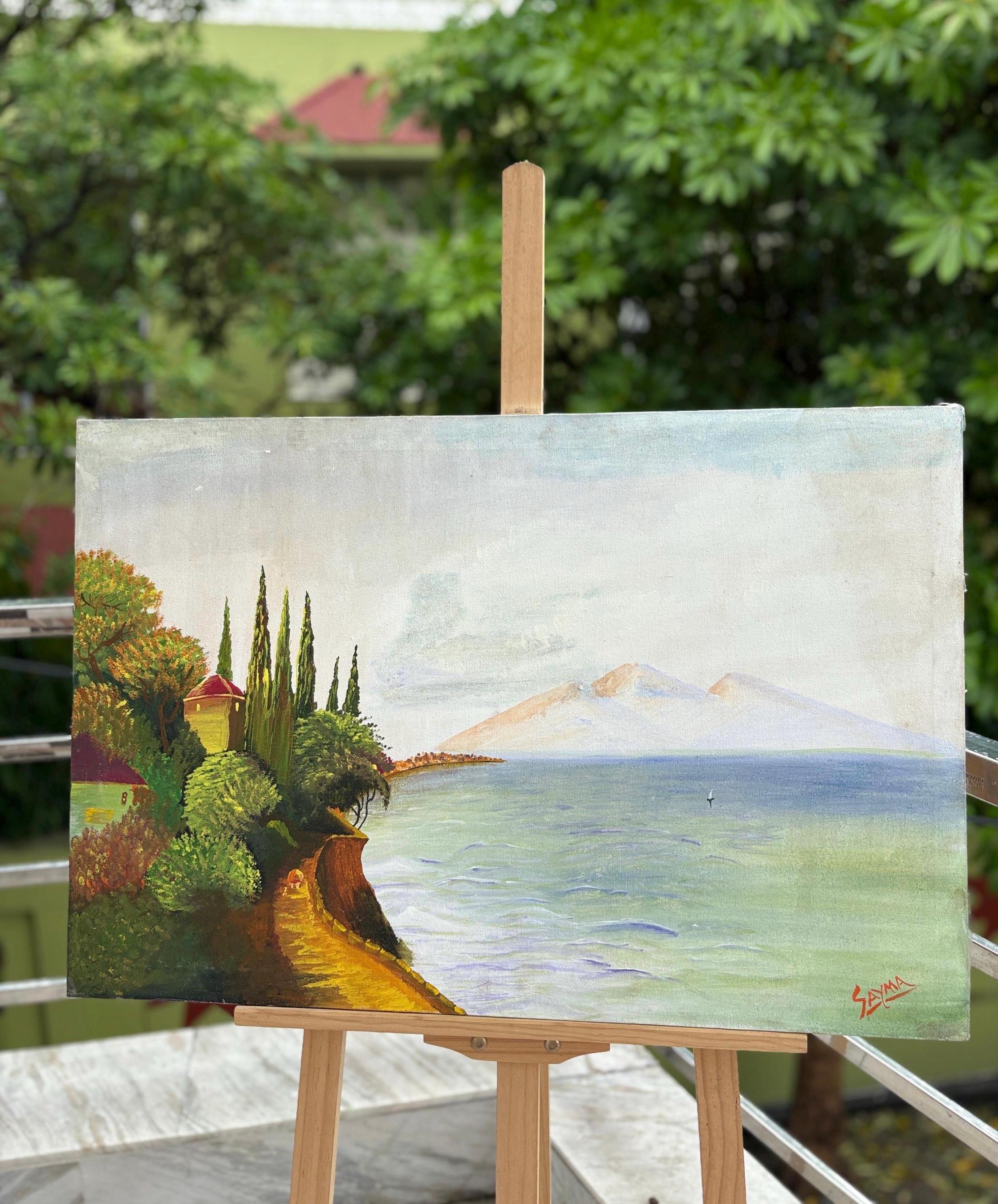 Handmade Seaside Landscape Painting – Coastal Path and Ocean View Wall Art