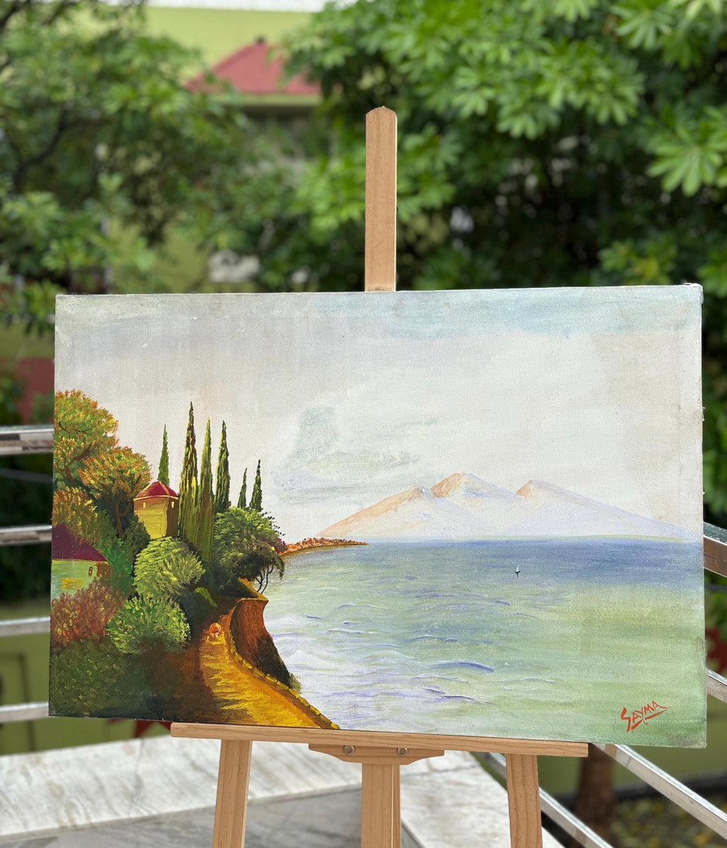 Handmade Seaside Landscape Painting – Coastal Path and Ocean View Wall Art