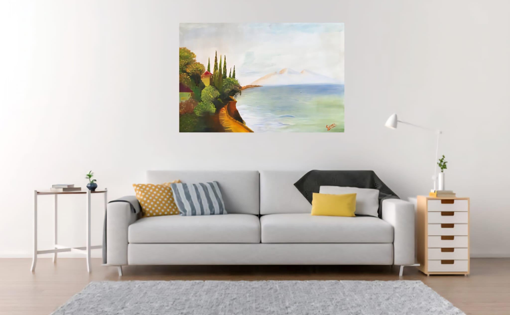 Handmade Seaside Landscape Painting – Coastal Path and Ocean View Wall Art
