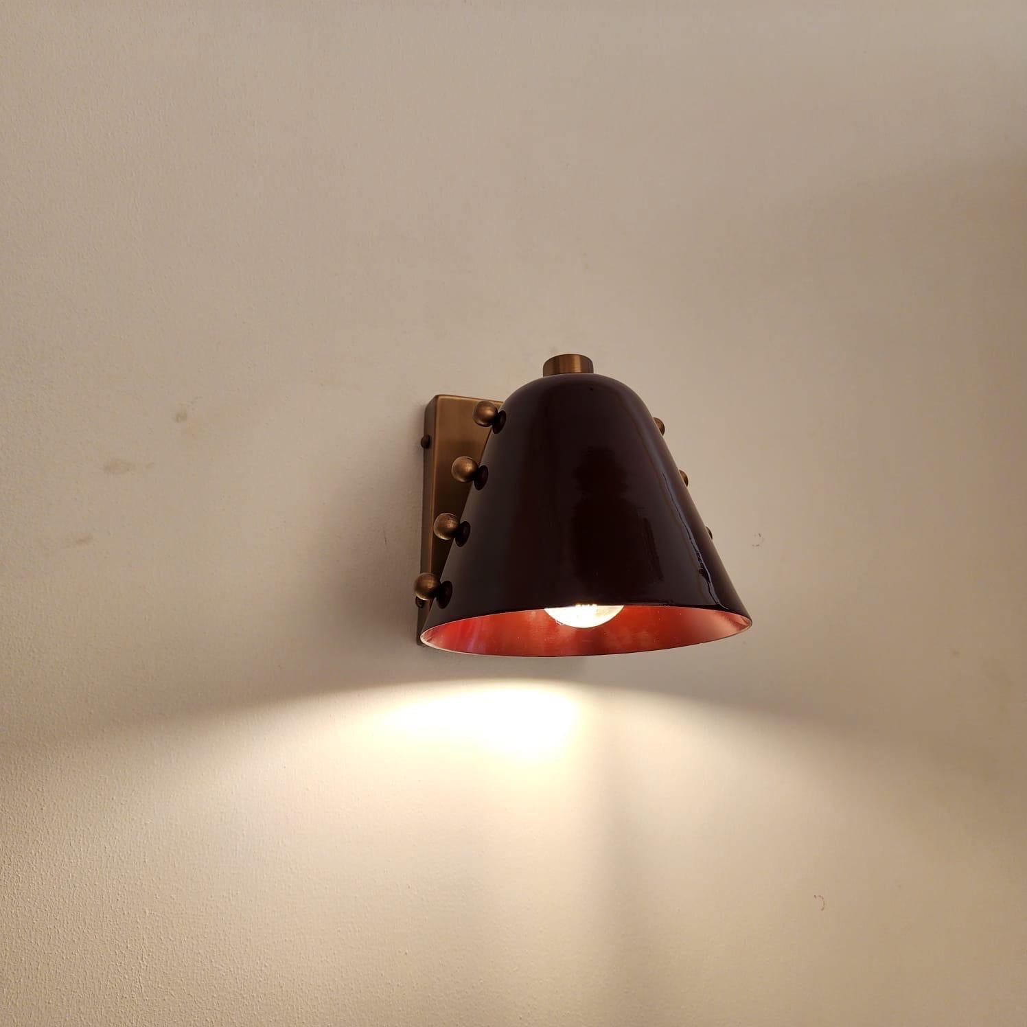 Mid-Century Brass Wall Sconce, Bold Cone Design Burgundy shade with Rivet Accents
