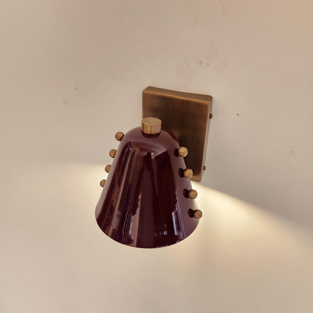 Mid-Century Brass Wall Sconce, Bold Cone Design Burgundy shade with Rivet Accents