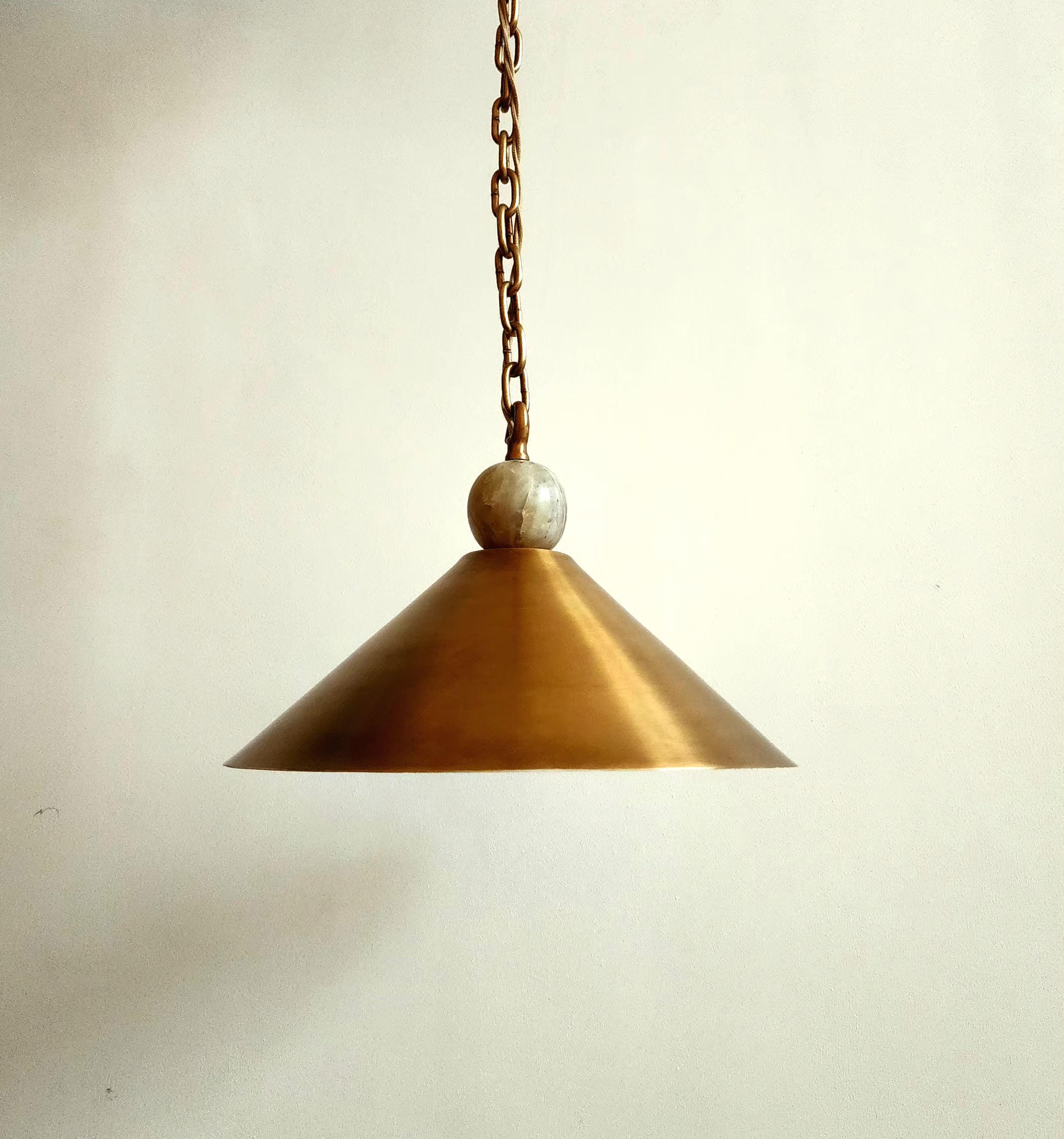 Handmade Brass Cone Pendant Light with Alabaster Marble Finial – Adjustable Height Vintage-Inspired Ceiling Fixture