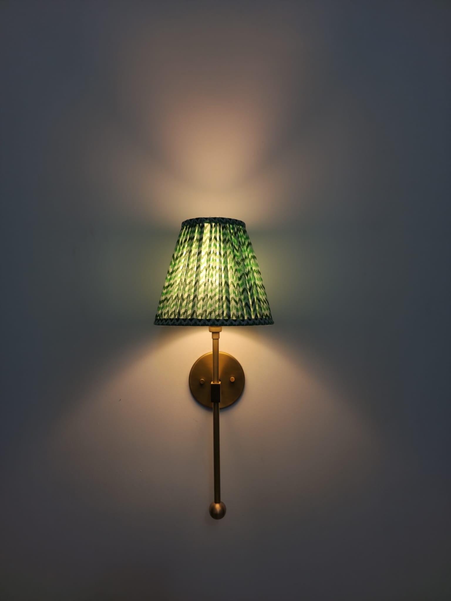 Handcrafted Brass Wall Sconce with Green Pleated Shade – Traditional & Elegant Light Fixture
