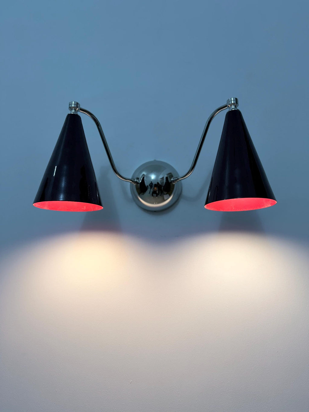 Mid-Century Modern Double Cone Brass Sconce featuring Elegant Wine Shades