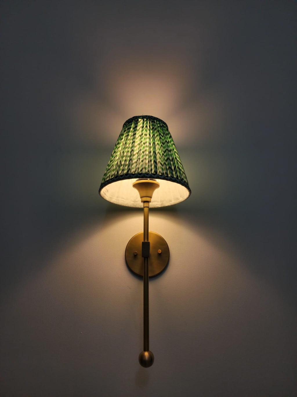 Handcrafted Brass Wall Sconce with Green Pleated Shade – Traditional & Elegant Light Fixture