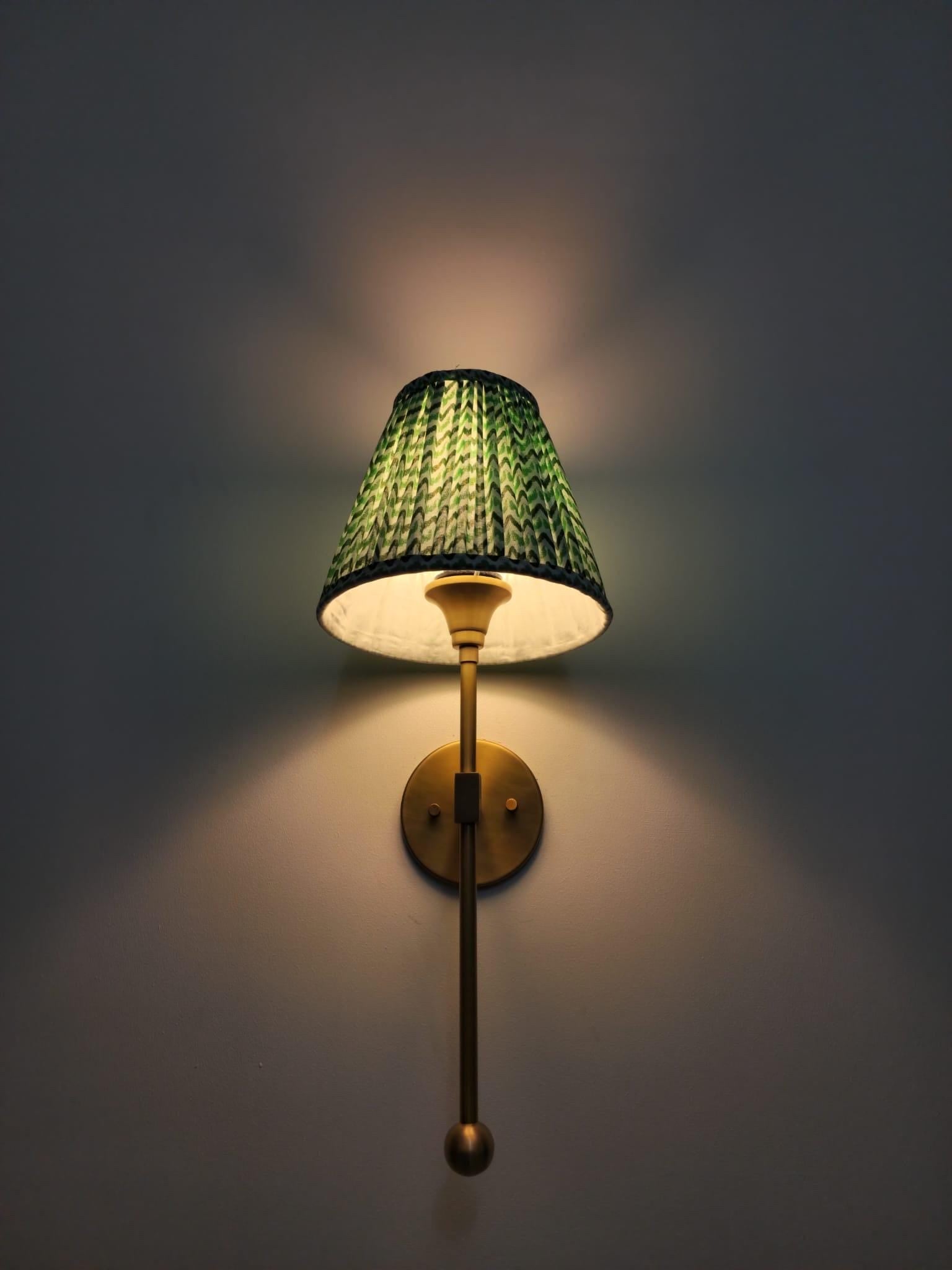 Handcrafted Brass Wall Sconce with Green Pleated Shade – Traditional & Elegant Light Fixture