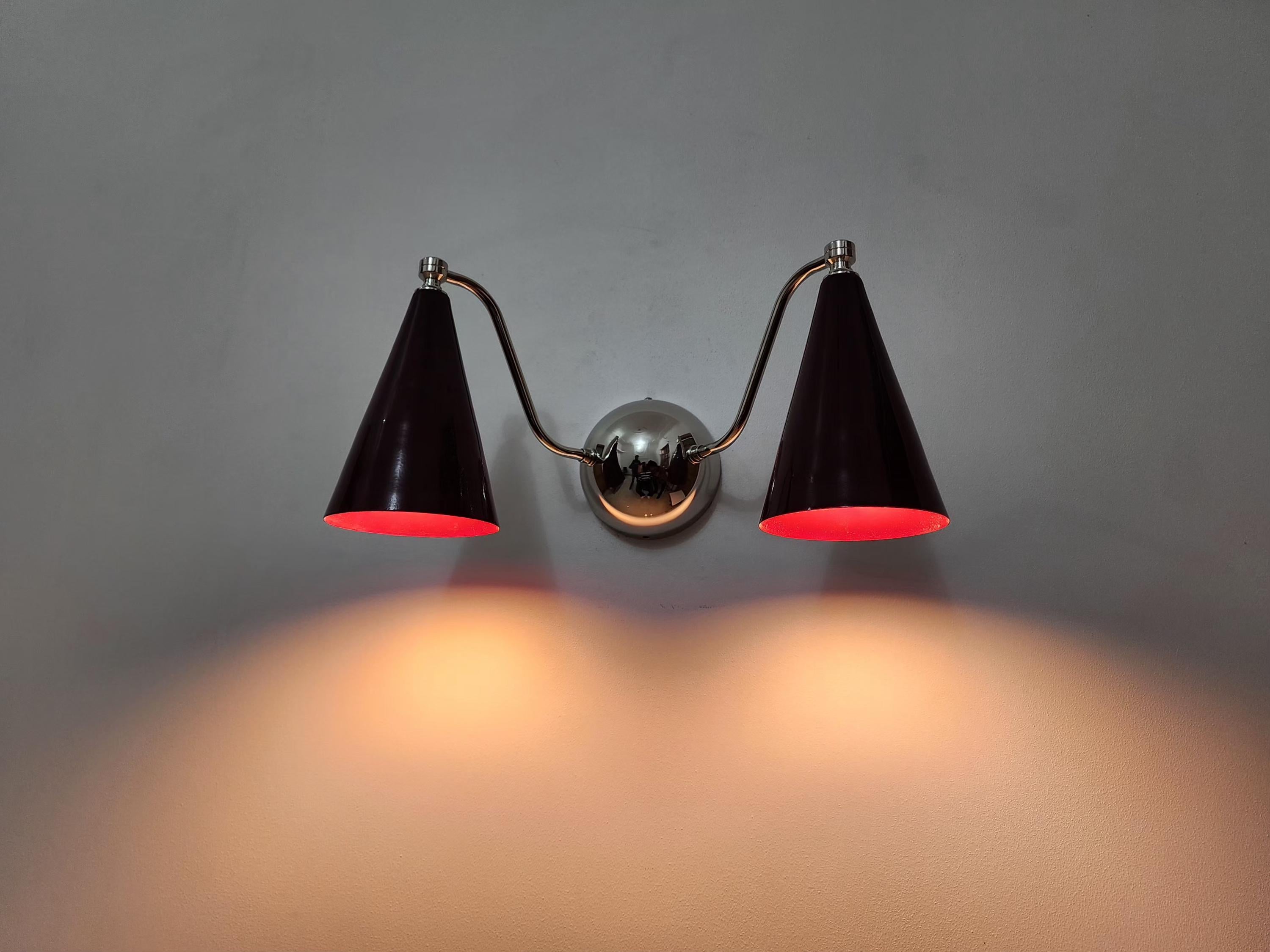 Mid-Century Modern Double Cone Brass Sconce featuring Elegant Wine Shades