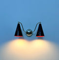 Mid-Century Modern Double Cone Brass Sconce featuring Elegant Wine Shades