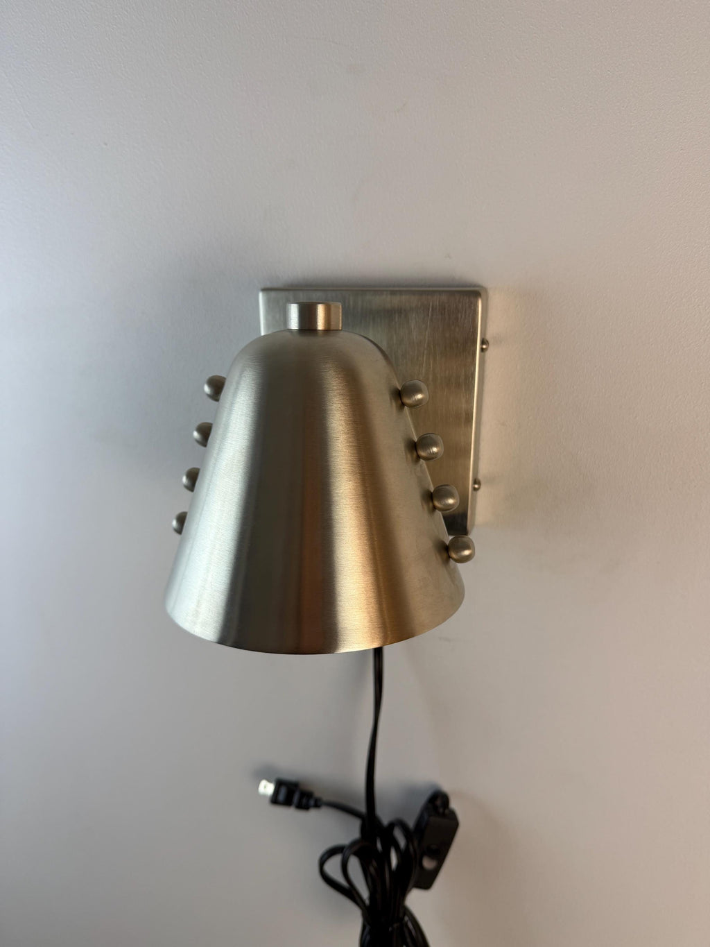 Mid-Century Brass Cone Wall Sconce with Rivet Accents – brushed Chrome Finish