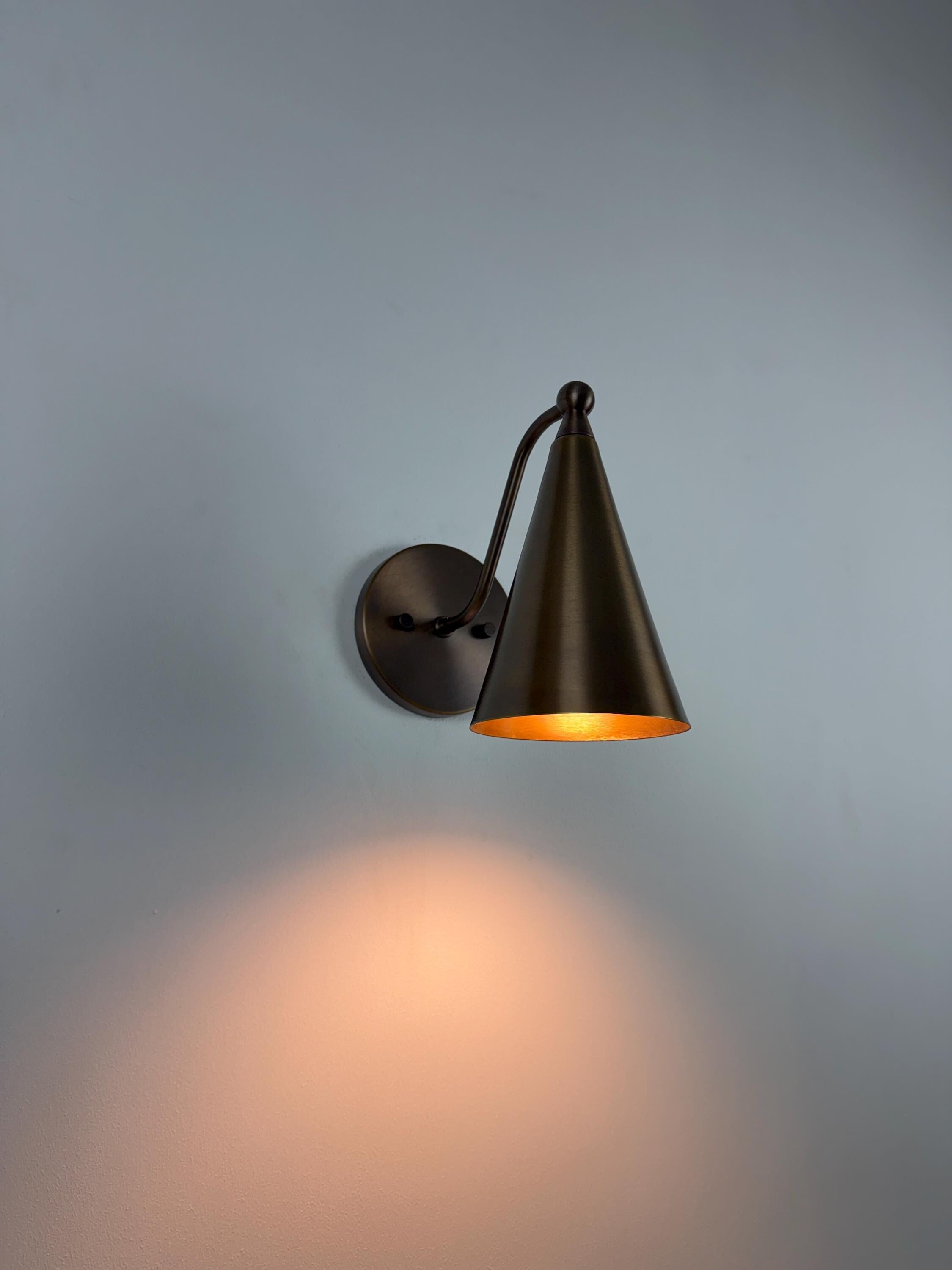 Handmade Brass Wall Sconce: Antique Brass Cone Shade, Accent Lighting