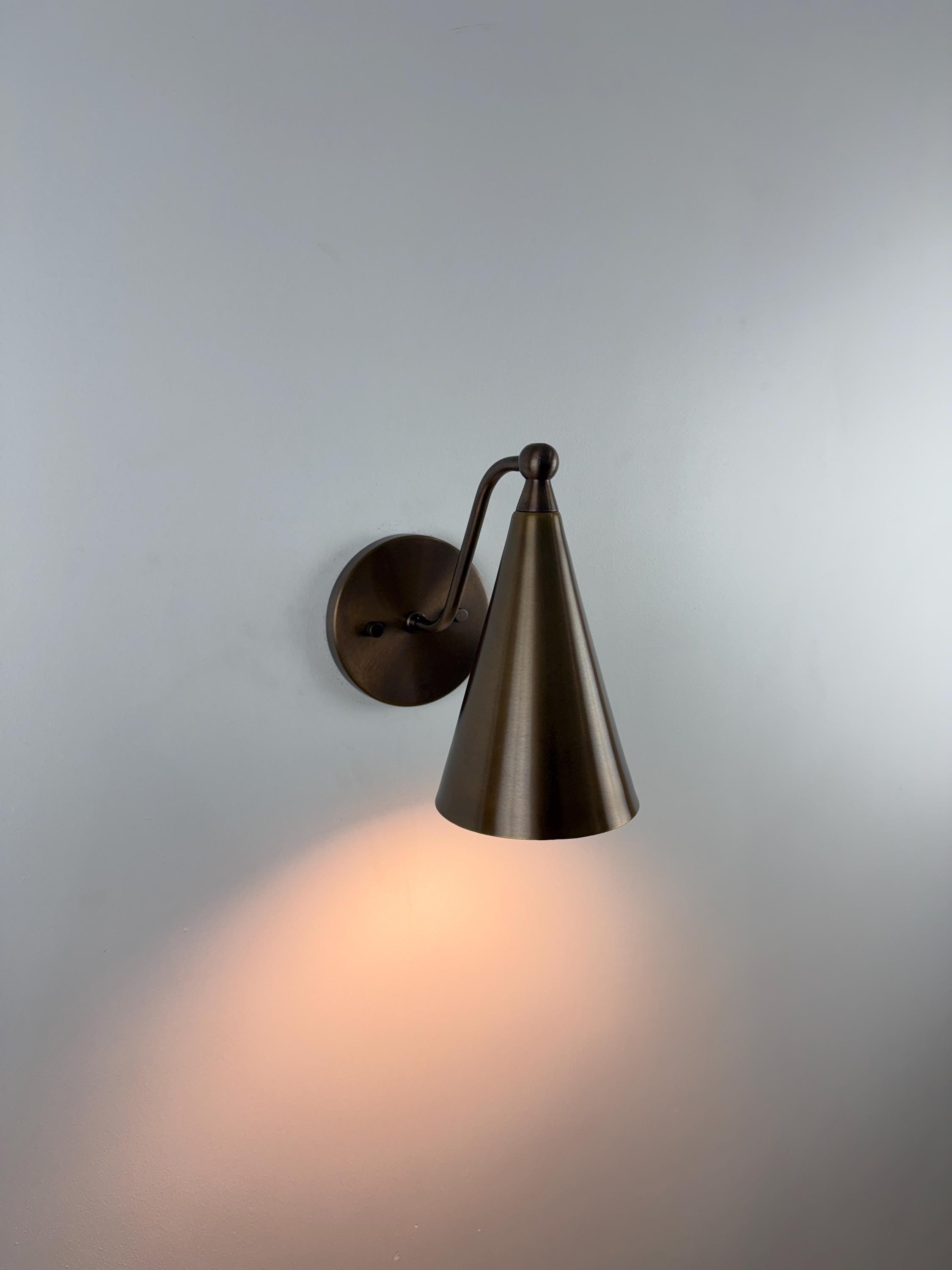Handmade Brass Wall Sconce: Antique Brass Cone Shade, Accent Lighting