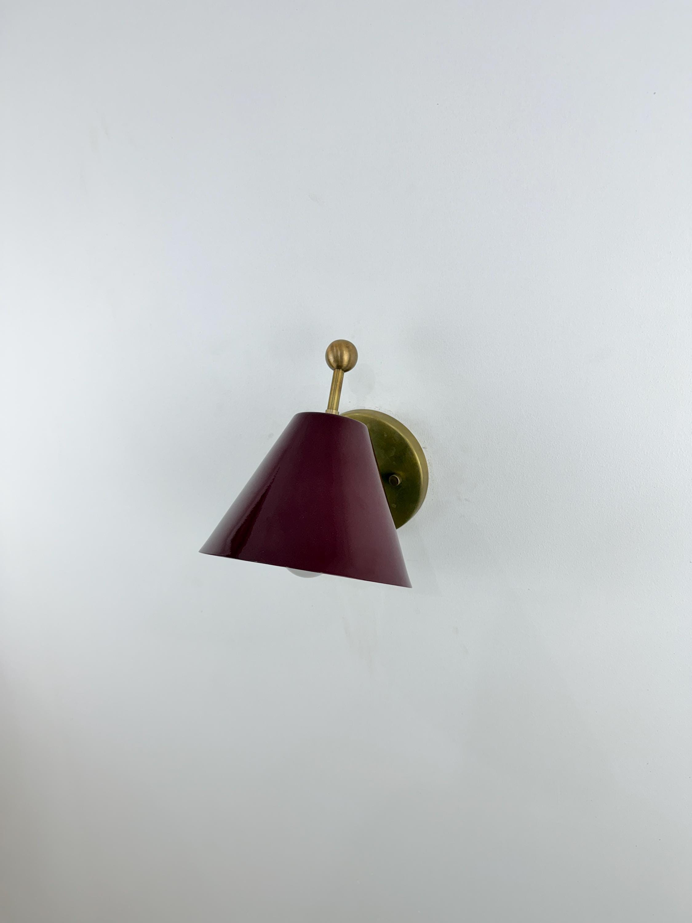 Handcrafted Brass Wall Sconce with a Wine-Colored Shade. Vintage-Inspired Handmade Lighting Fixture