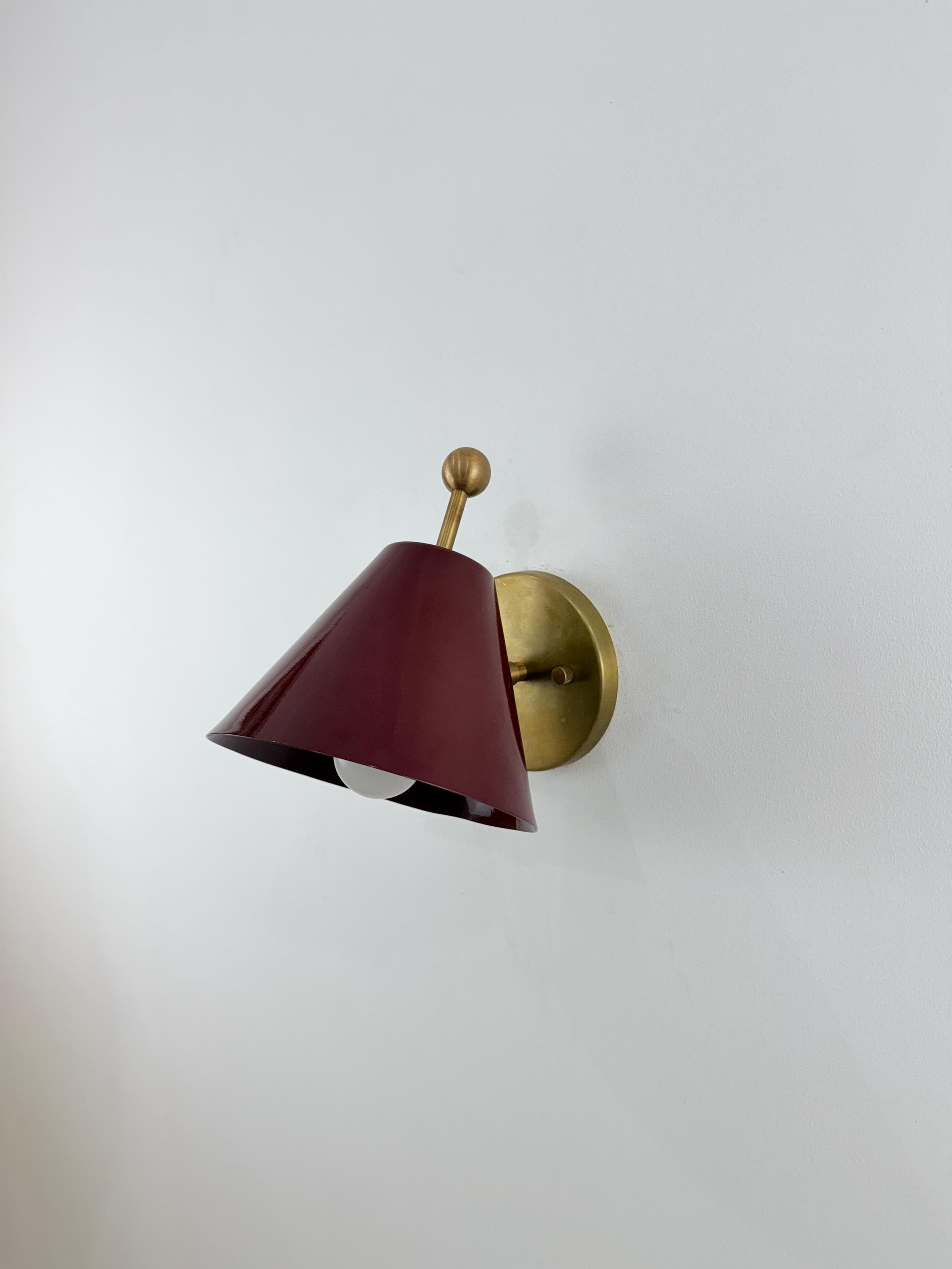 Handcrafted Brass Wall Sconce with a Wine-Colored Shade. Vintage-Inspired Handmade Lighting Fixture