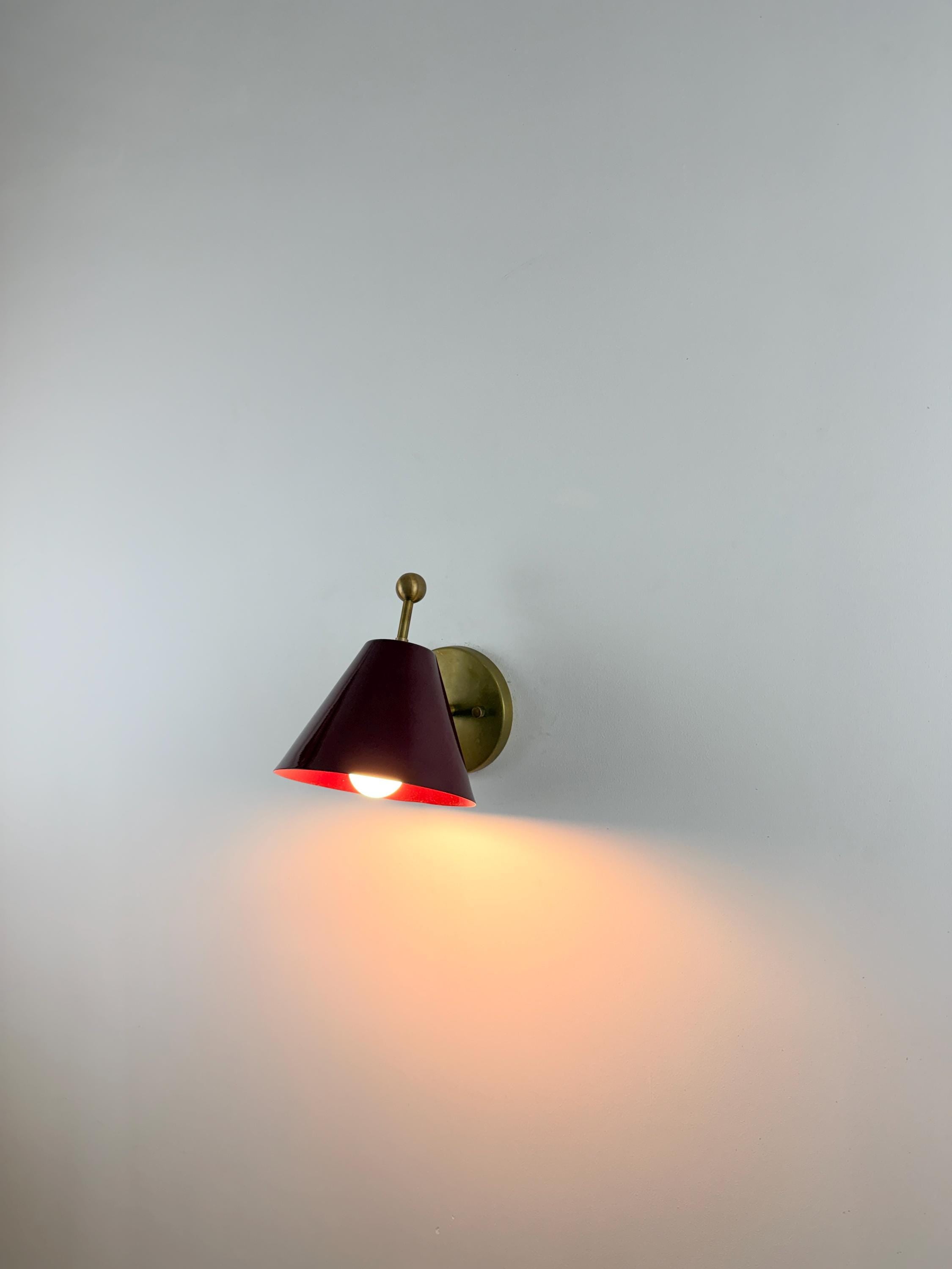 Handcrafted Brass Wall Sconce with a Wine-Colored Shade. Vintage-Inspired Handmade Lighting Fixture
