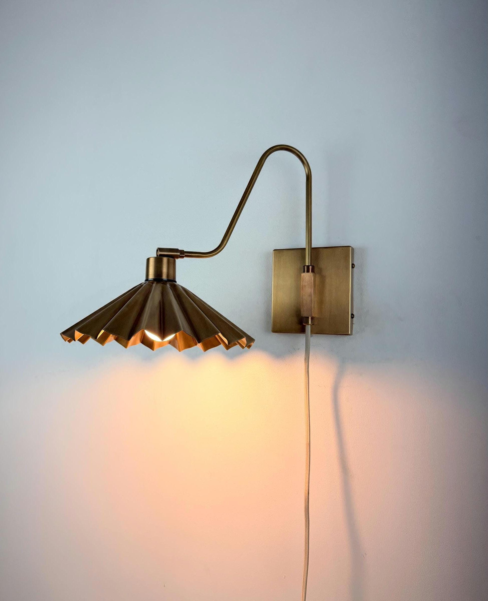Handcrafted Brass Wall Sconce with Fluted Umbrella Shade | Vintage Wall Light