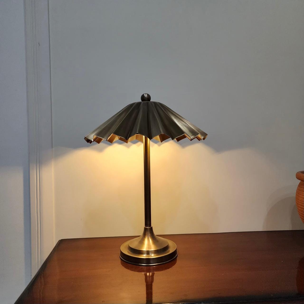 Handmade Vintage Brass Table Lamp – Fluted Design with Floral Shade
