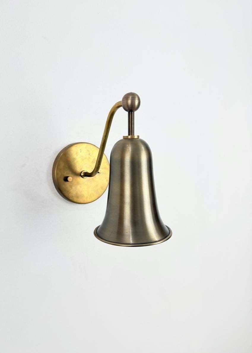 Solid Brass Bell-Shaped Wall Sconce | Antique Brass Lighting Fixture | Modern Mid-Century Bedside Light
