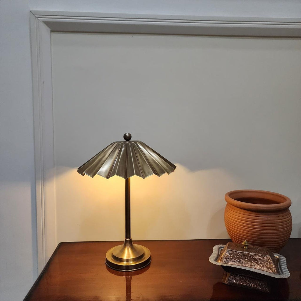 Handmade Vintage Brass Table Lamp – Fluted Design with Floral Shade
