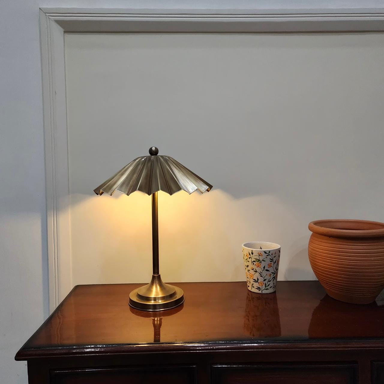 Handmade Vintage Brass Table Lamp – Fluted Design with Floral Shade