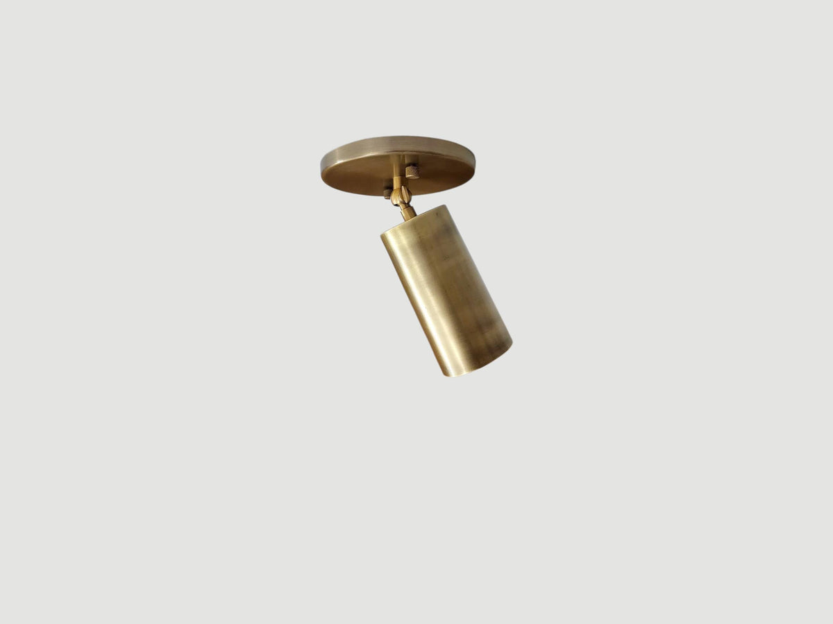 Mid-century modern brass ceiling spotlight with adjustable arm. Ember Lighting